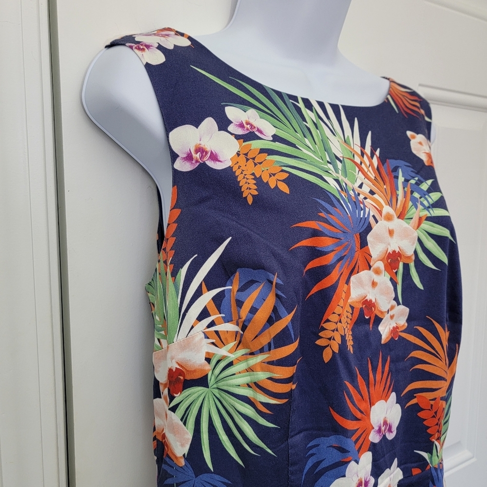 Talbots Tropical Print Sleeveless Lined A Line Dress Blue Orange Pleated Size 8 - Picture 8 of 15